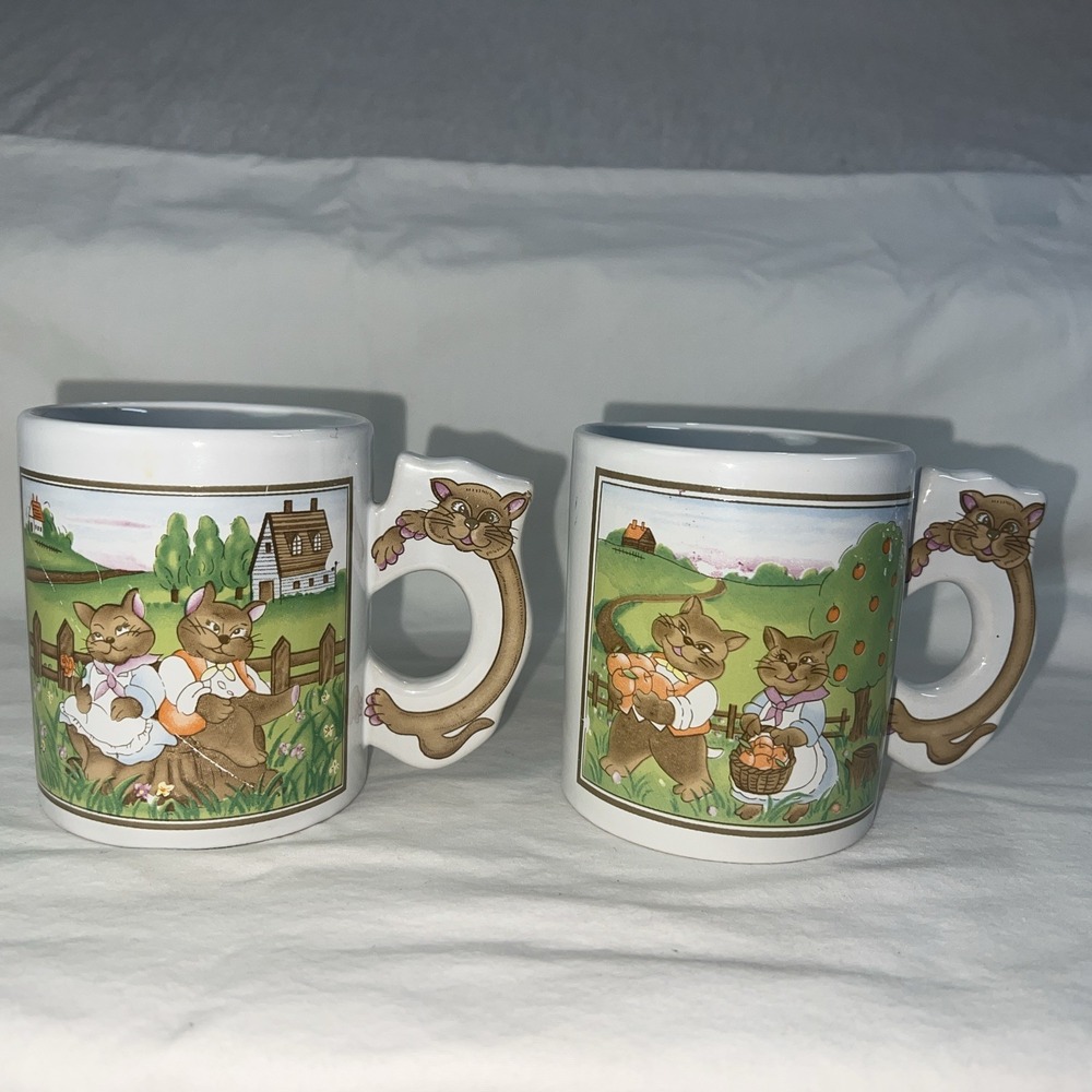 Vintage Country Cat Mugs Cat Handle 80s Anthropomorphic Farm Scene Pair Ceramic